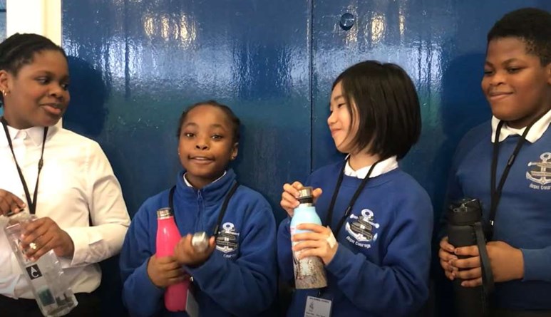 Students at Rotherhithe Primary School promoting the School Food Matters water-only policy