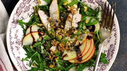 Pear and walnut salad with ginger spiced chicken