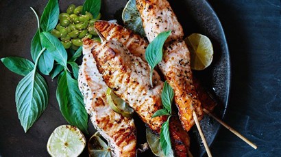 Grilled salmon with chilli-infused edamame